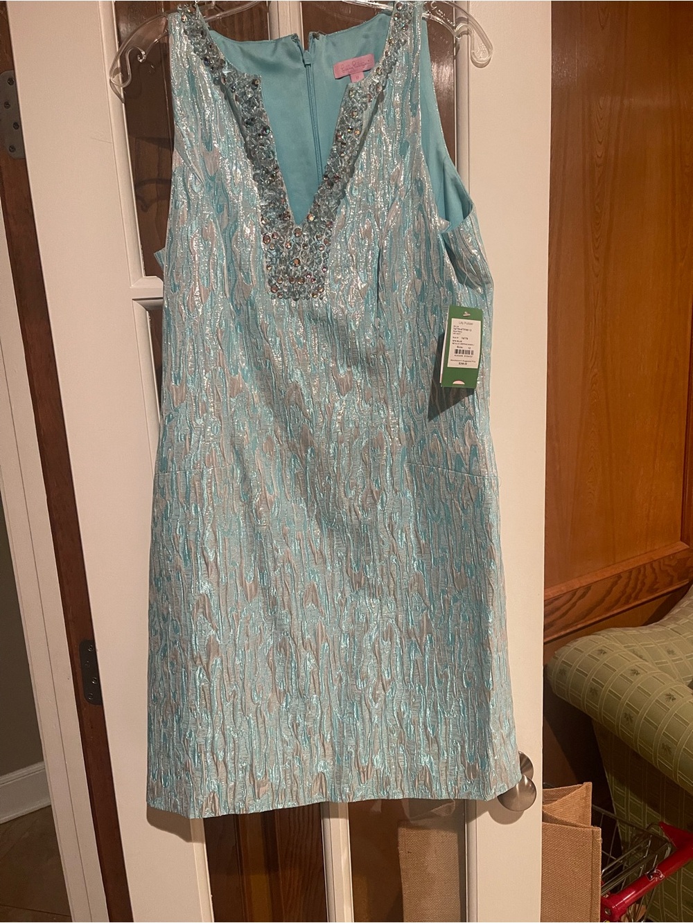 Lilly Pulitzer Sleeveless Beaded Aqua/Silver Shift Dress